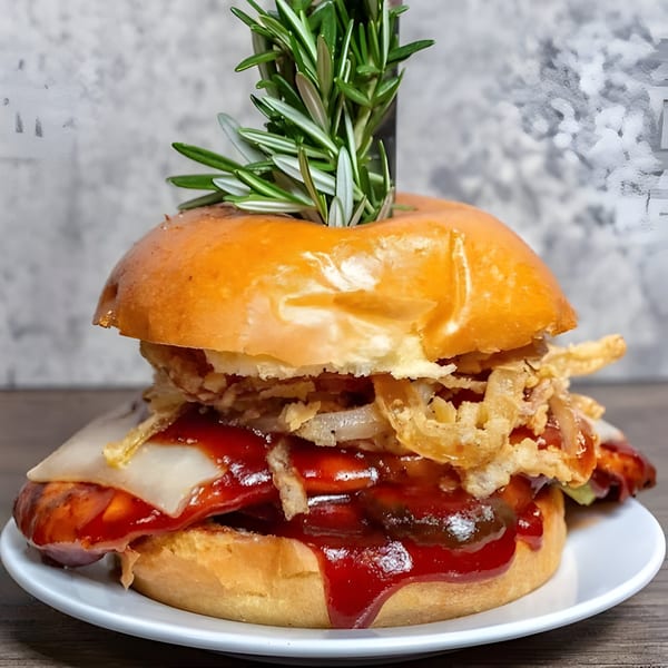 A Chops & Eggs breakfast sandwich with sausage, cheese, fried onions, and rosemary on a bun.