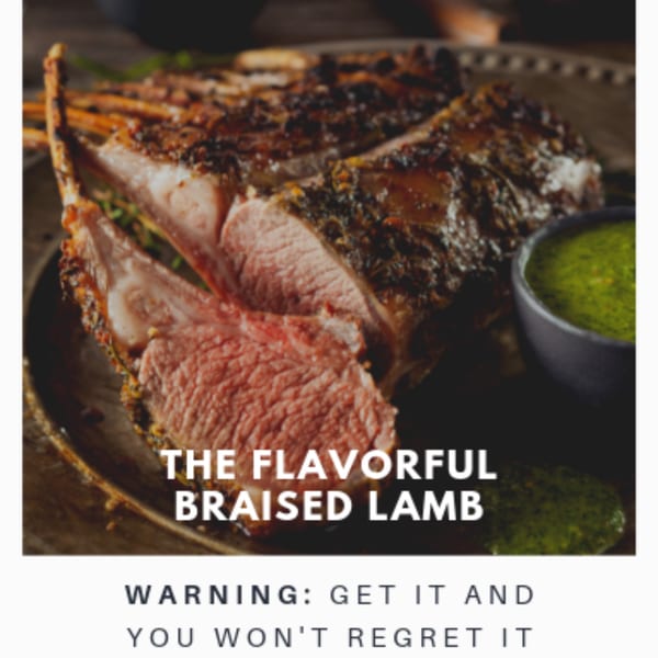 Braised lamb chops, seasoned and sliced, with a side of green sauce.