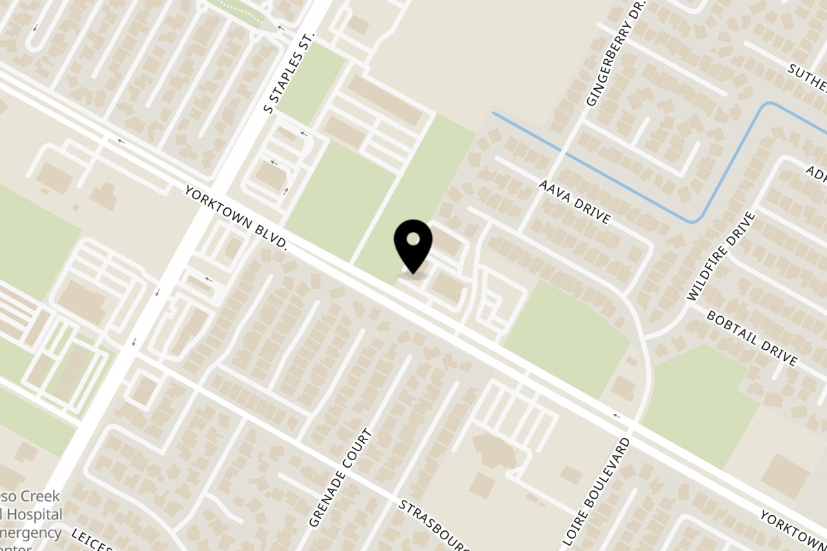 Map showing the location of Chops & Eggs on 5802 Yorktown Blvd b107 in Corpus Christi